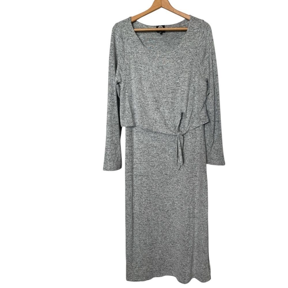 Bobeau Knit Midi Dress Womens L Gray Heathered Layered Side Tie Long Sleeve